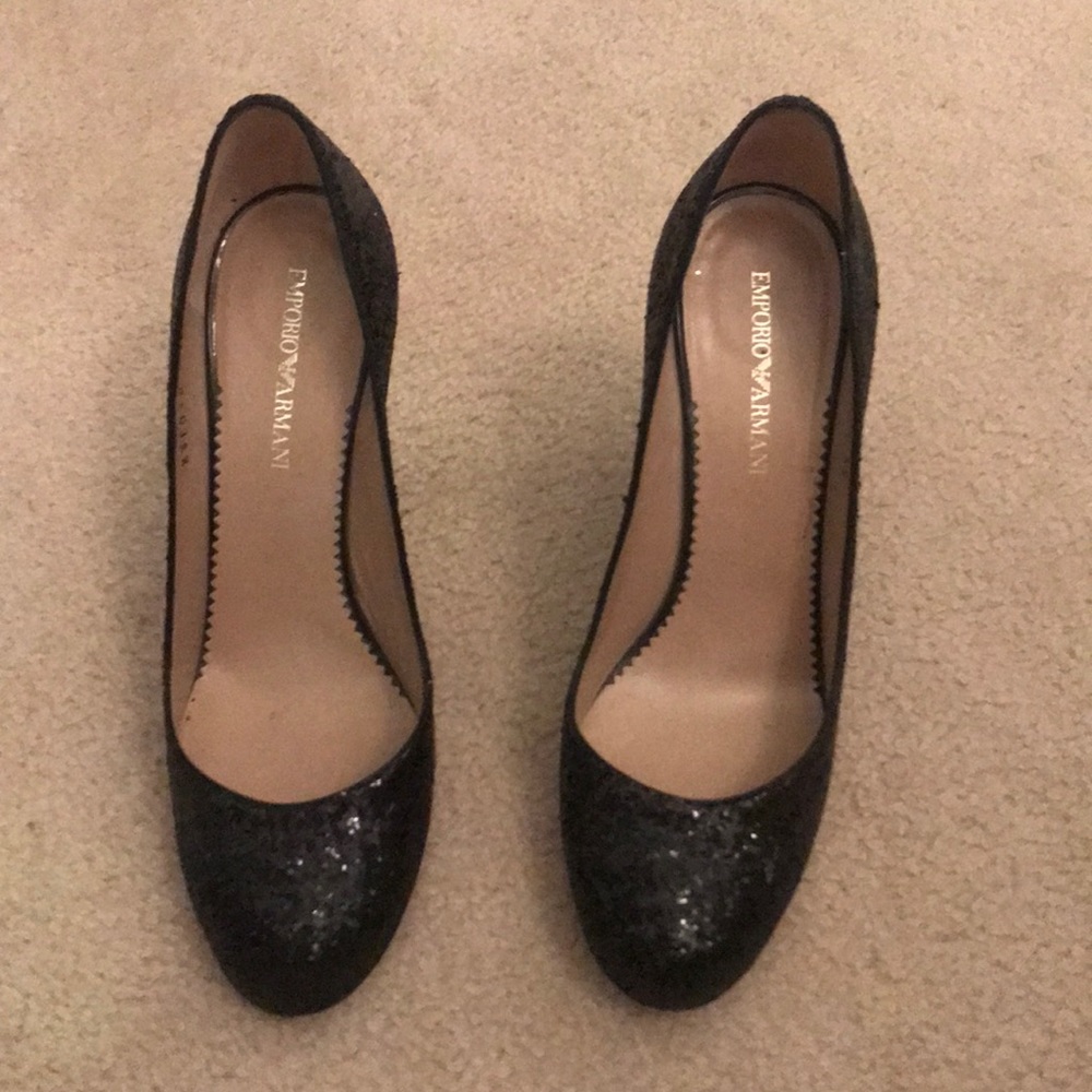 Black glitter Armani heels